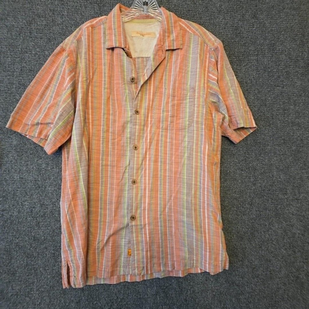 Tommy Bahama Shirt Mens Large Multicolor Stripe Silk Cotton Short Sleeve Casual
